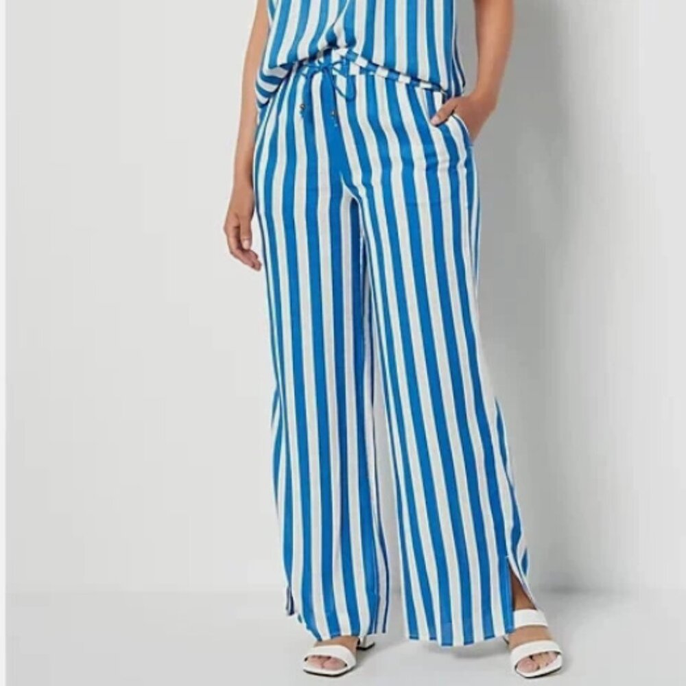 Candace Cameron Bure Printed Wide Leg Pant Side Slits-Cobalt Stripe-Med-A488228